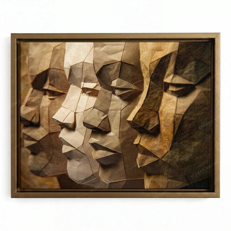 Black men brotherhood art in a gold floating frame, folded-paper profiles in warm tan and umber tones