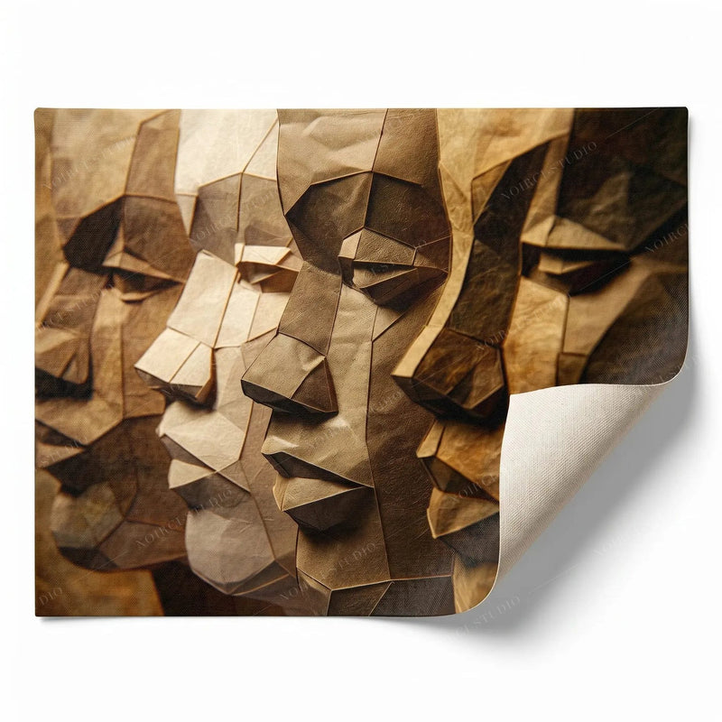 Rolled canvas print of geometric paper-craft Black men profiles, ready for custom framing