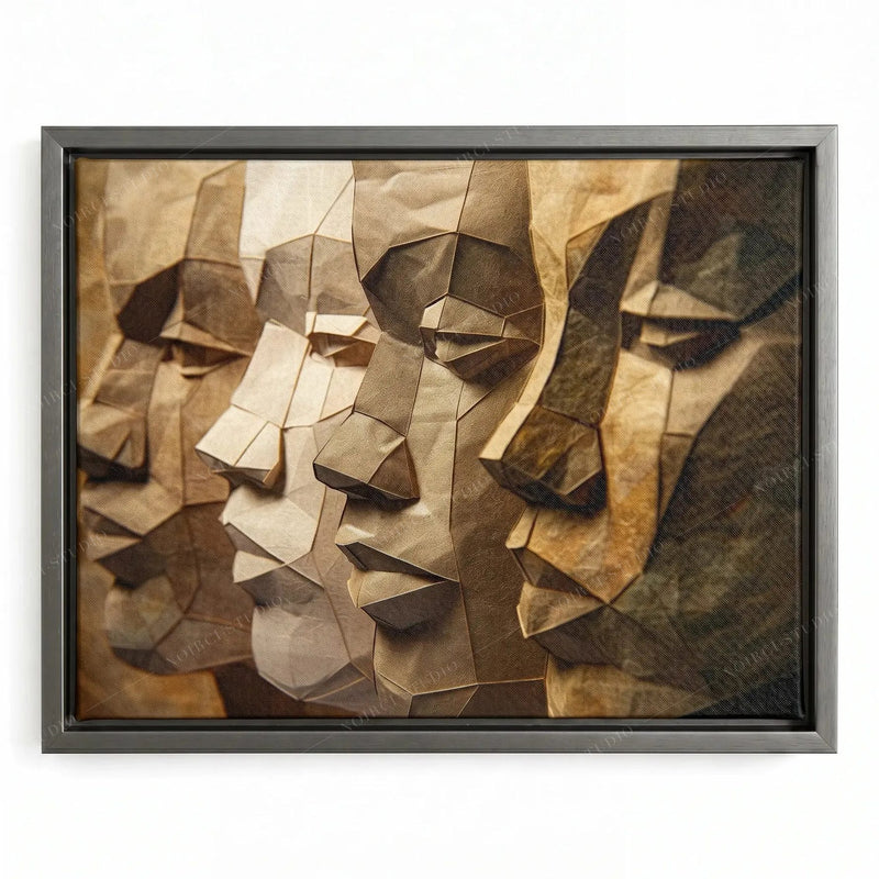Black boho wall decor in a silver floating frame, faceted paper faces of four African American men
