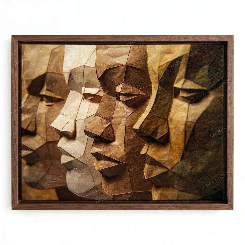 Afro bohemian decor in a walnut floating frame, geometric paper sculpture of four Black men gazing left