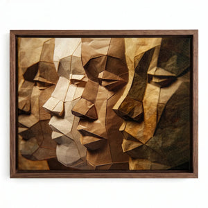 Afro bohemian decor in a walnut floating frame, geometric paper sculpture of four Black men gazing left