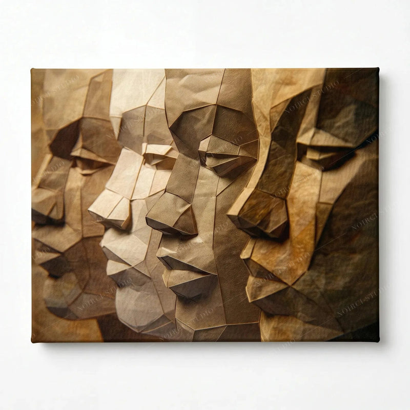 Stretched canvas, ready to hang, sculptural paper-craft portrait of four Black men in earth tones