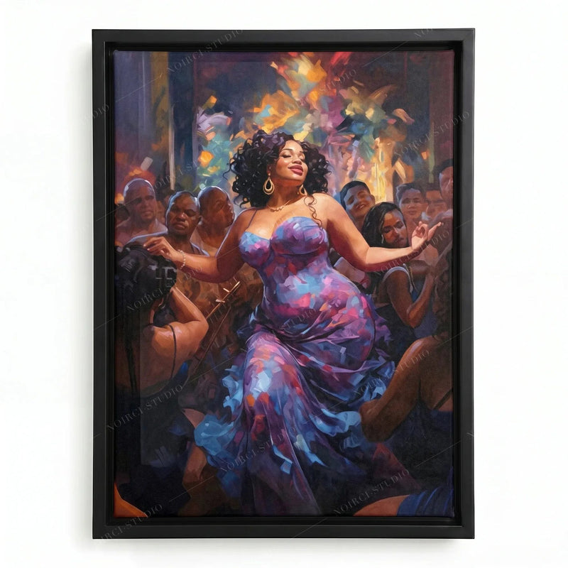 African American dance wall art in a black floating frame, curvy Black woman in a purple dress dancing at a party