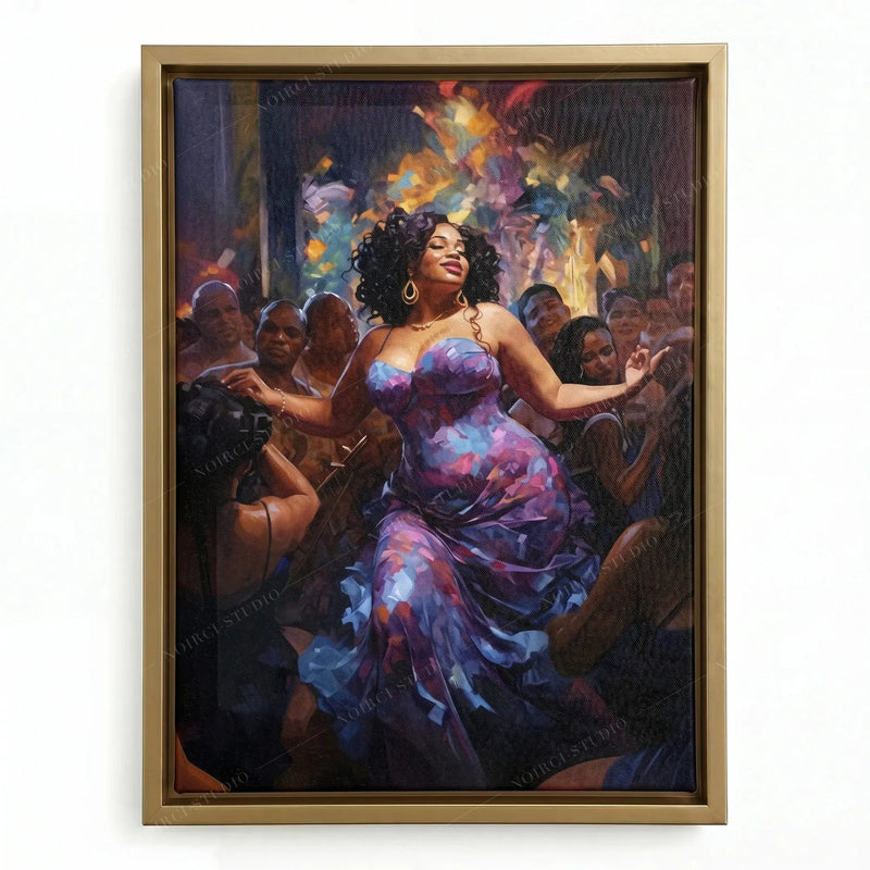 Melanin art canvas in a gold floating frame, woman in a flowing purple dress dancing among party guests