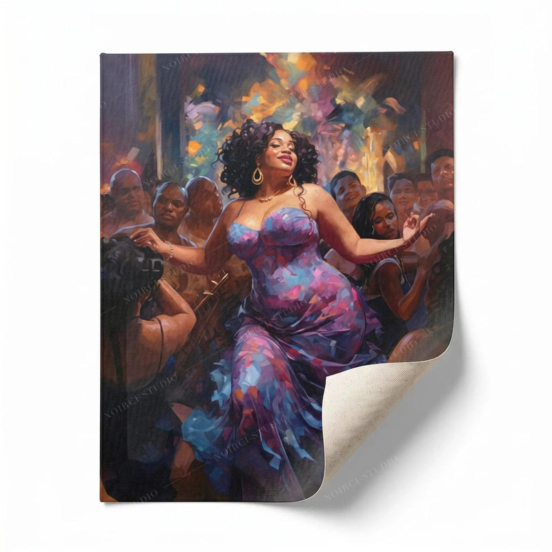 Rolled canvas print of a Black woman dancing at a party, ready for custom framing