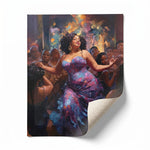 Rolled canvas print of a Black woman dancing at a party, ready for custom framing