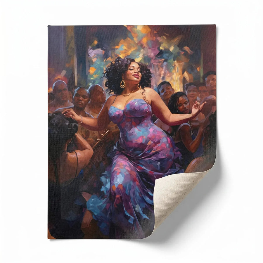 Rolled canvas print of a Black woman dancing at a party, ready for custom framing