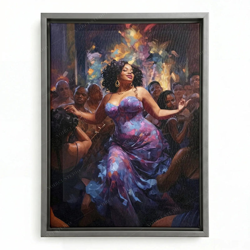 Black dance art in a silver floating frame, curvy woman in purple mid-dance under glowing club lights
