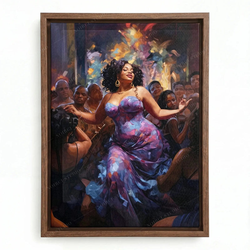 Curvy Black woman dancing painting in a walnut floating frame, joyful dancer surrounded by a warm painted crowd