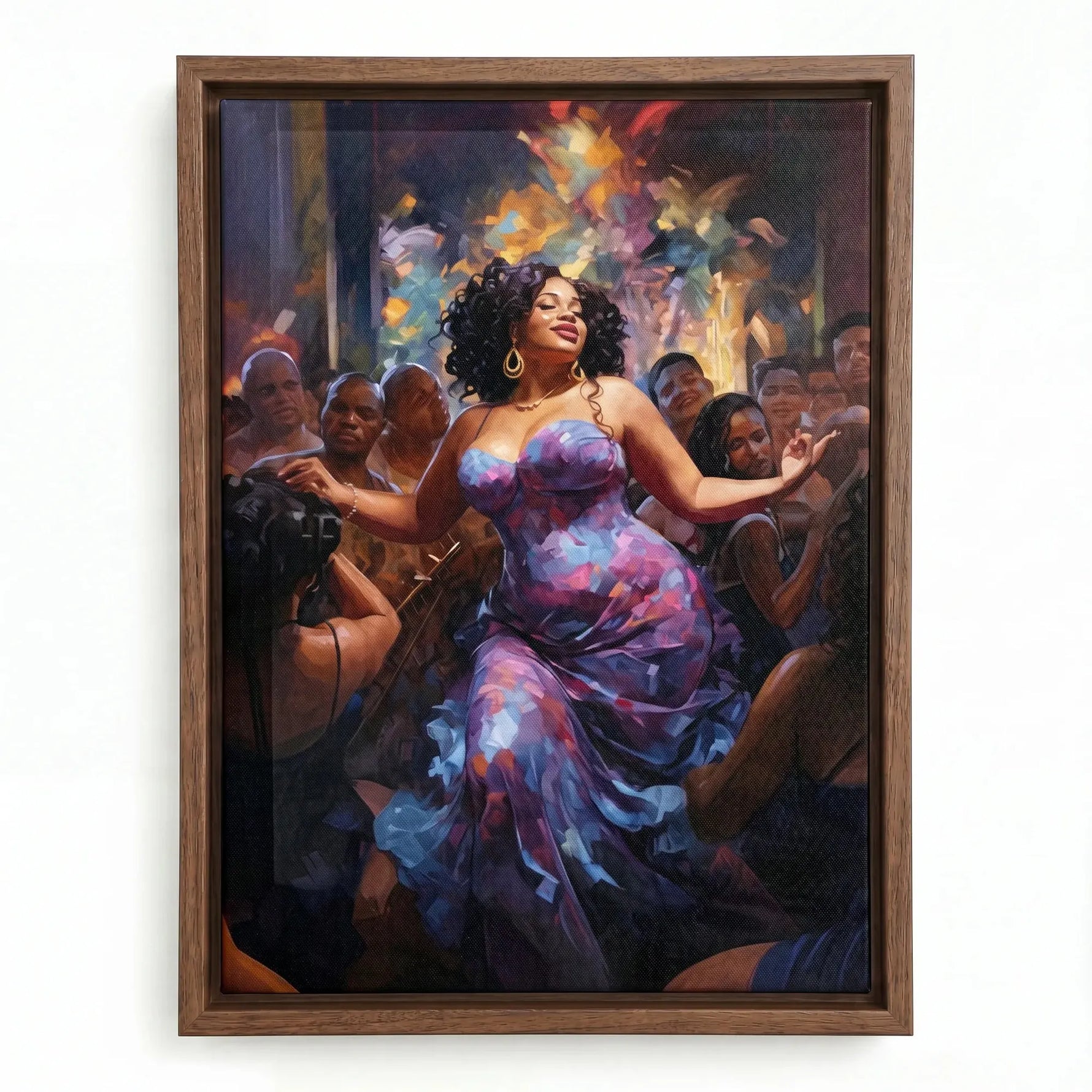 Curvy Black woman dancing painting in a walnut floating frame, joyful dancer surrounded by a warm painted crowd