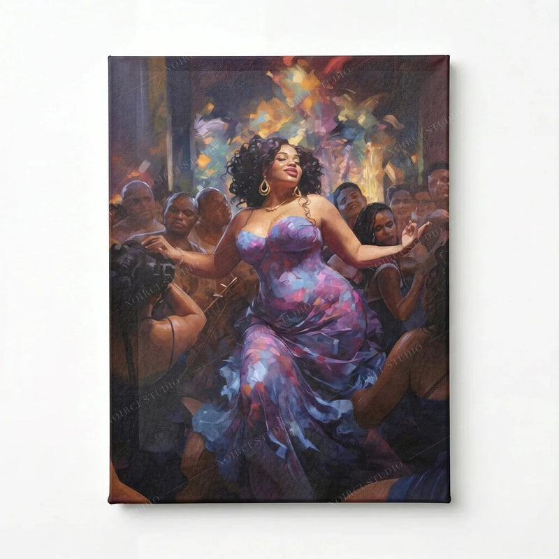 Stretched canvas of a curvy Black woman dancing in a purple dress, gallery wrapped and ready to hang
