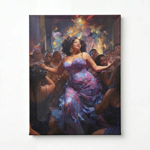 Stretched canvas of a curvy Black woman dancing in a purple dress, gallery wrapped and ready to hang