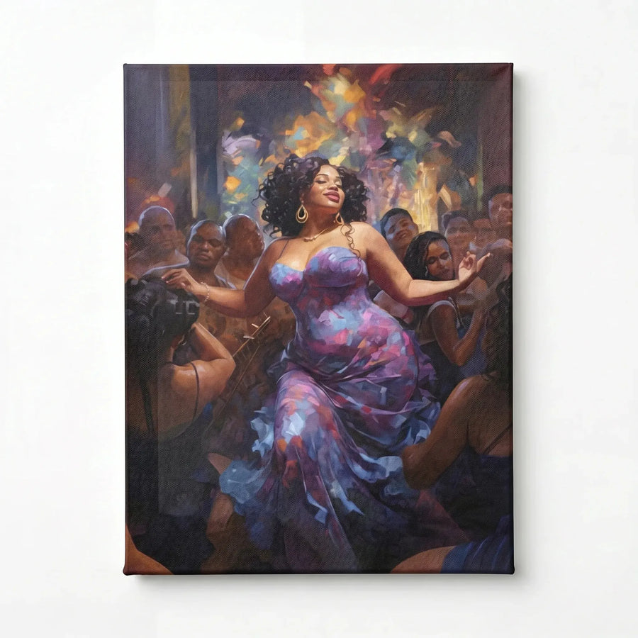 Stretched canvas of a curvy Black woman dancing in a purple dress, gallery wrapped and ready to hang