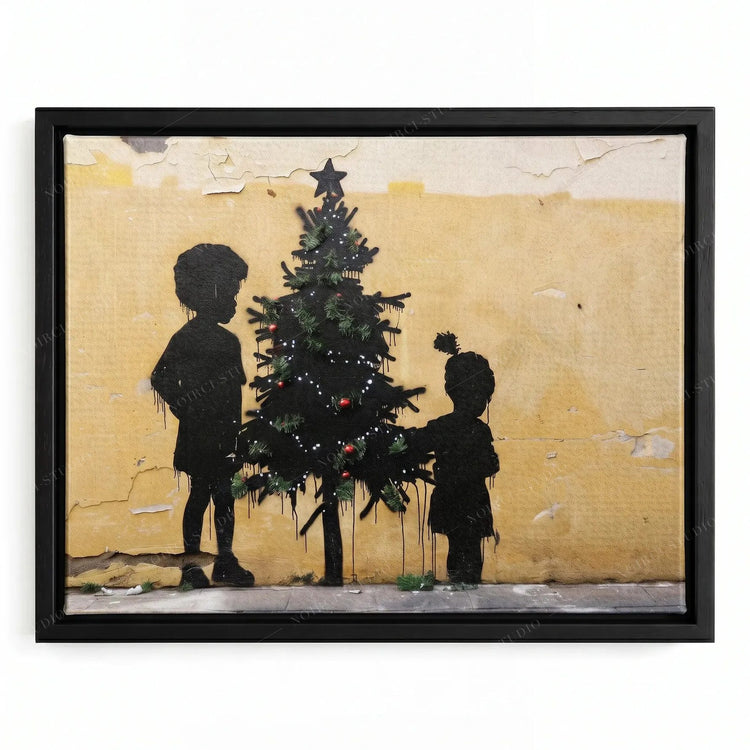 Black children Christmas canvas in a black floating frame, street-art stencil of two kids trimming a tree