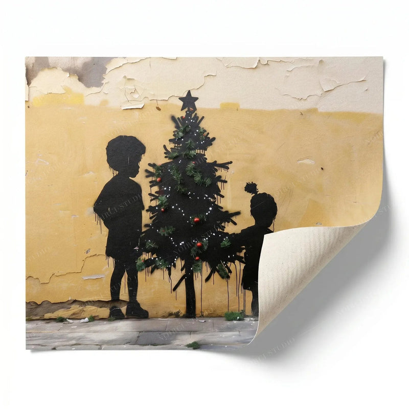 Rolled canvas print of a Black kids Christmas street mural, ready for custom framing