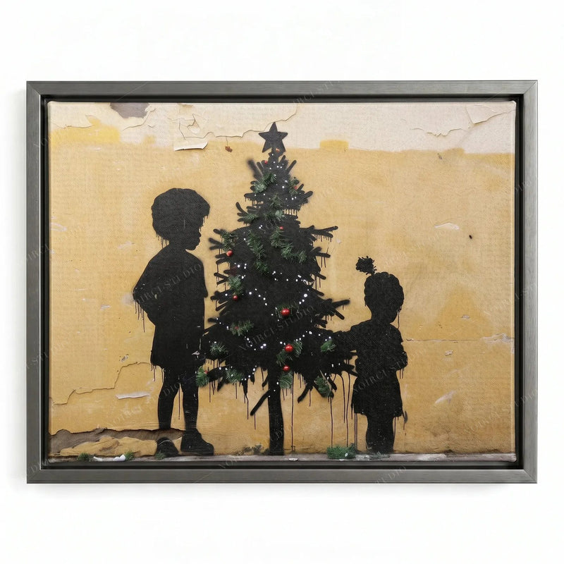 Black art Christmas canvas in a silver floating frame, kids adding red ornaments to a graffiti Christmas tree