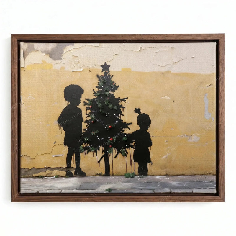 African American Christmas art in a walnut floating frame, silhouettes of a boy and girl by a lit Christmas tree