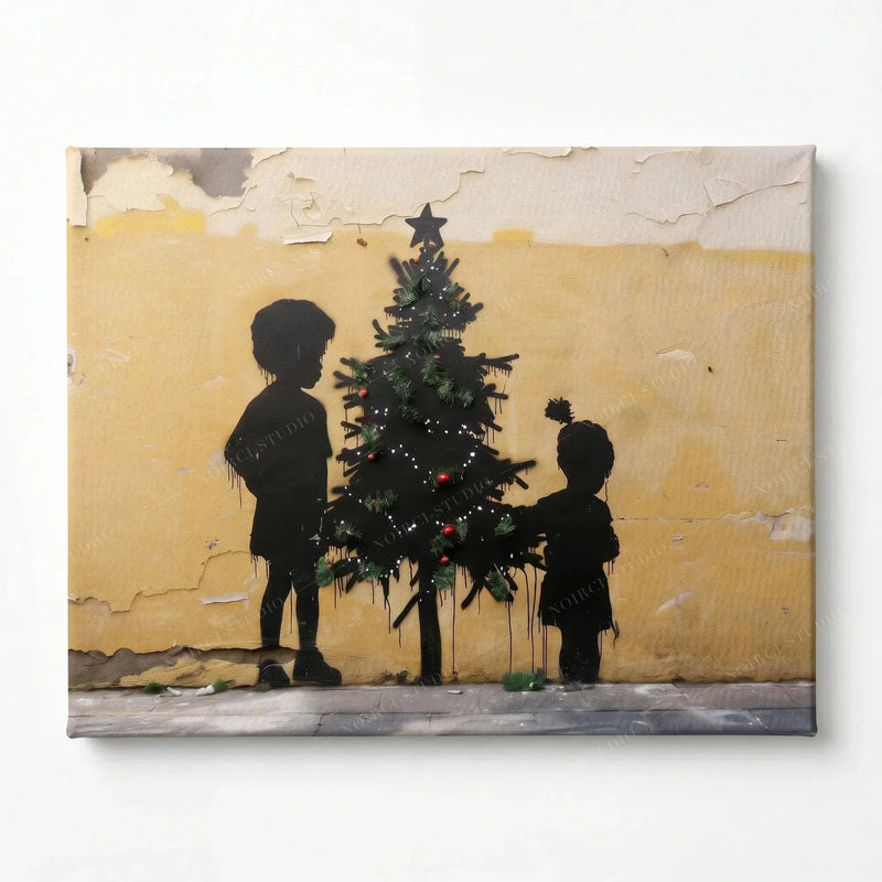 Stretched canvas of Black children decorating a Christmas tree, street-art style, gallery wrapped and ready to hang