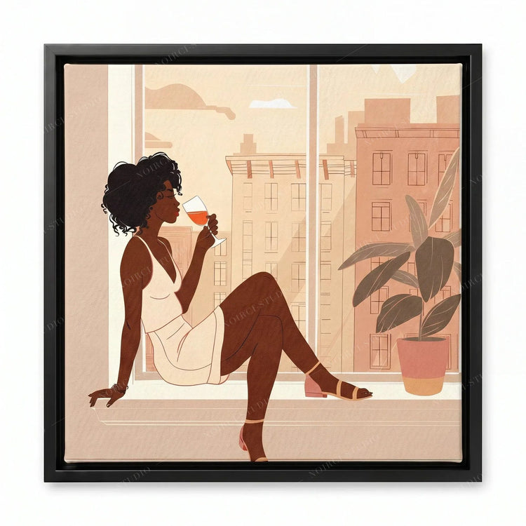 Black girl wall art in a black floating frame, woman in a white slip dress sipping wine on a city windowsill