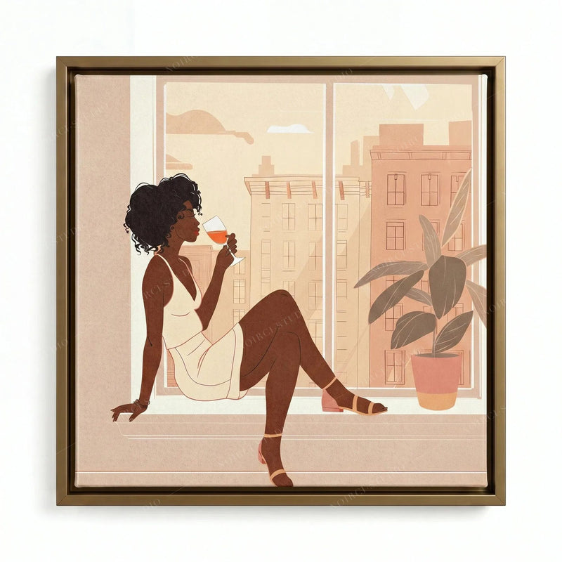 Urban Black art print in a gold floating frame, woman enjoying a glass of wine beside a potted rubber plant