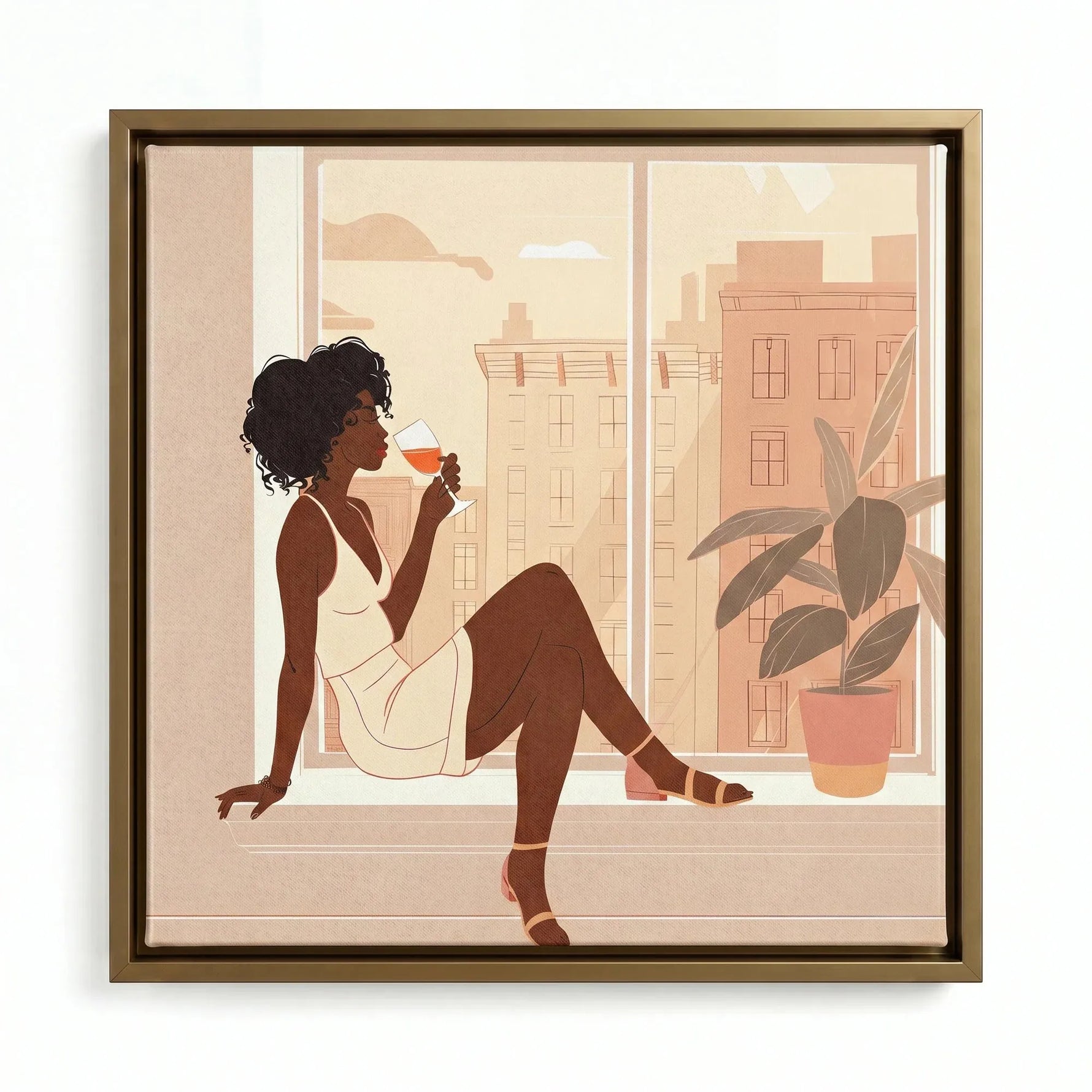 Urban Black art print in a gold floating frame, woman enjoying a glass of wine beside a potted rubber plant