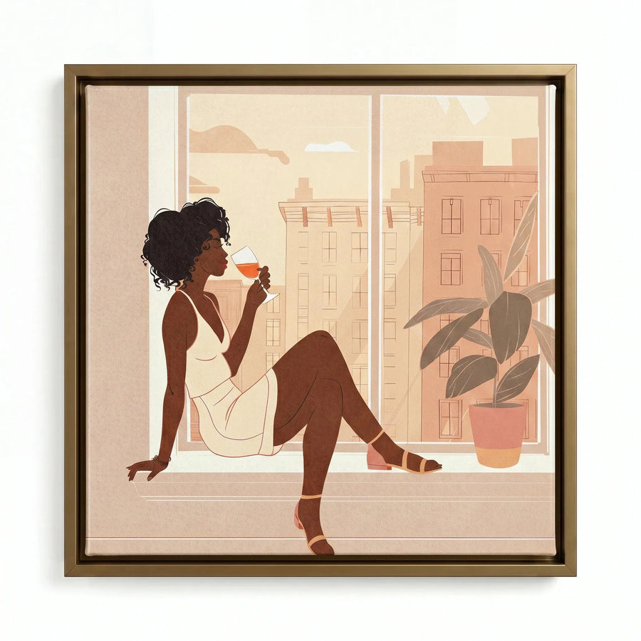 Urban Black art print in a gold floating frame, woman enjoying a glass of wine beside a potted rubber plant