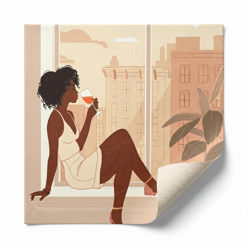 Rolled canvas print of a woman with wine on an urban windowsill, ready for custom framing