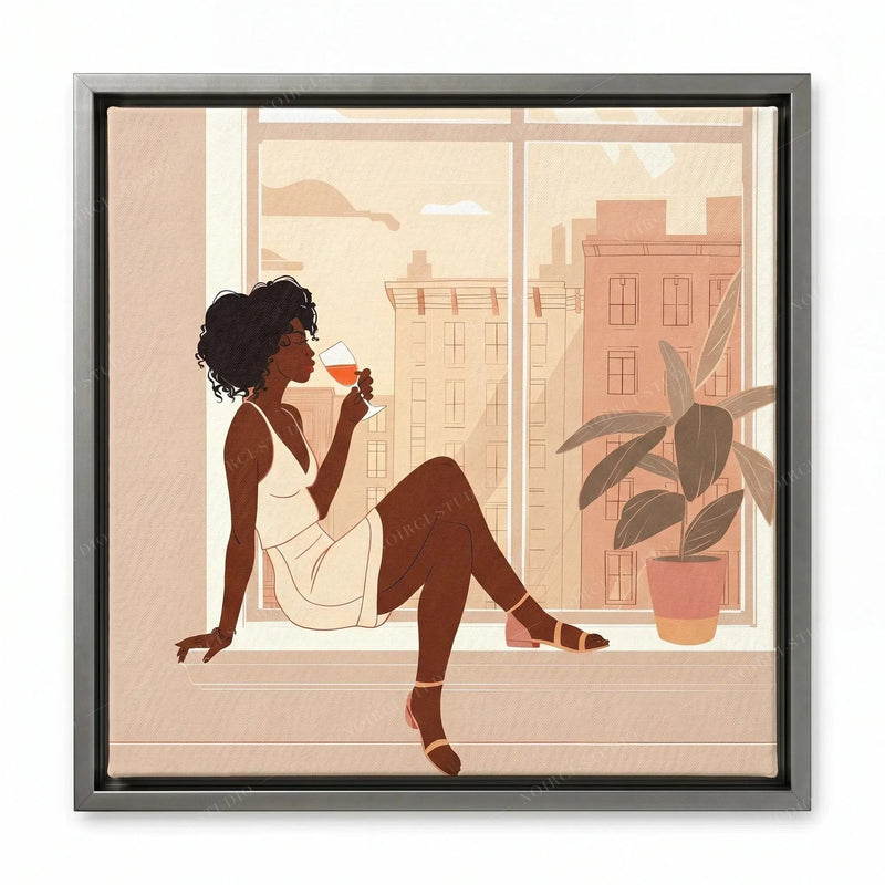 Modern Black wall art in a silver floating frame, woman with wine watching the city skyline at golden hour