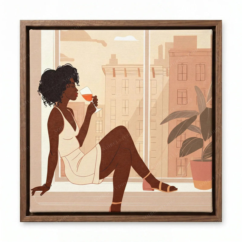 African American woman art in a walnut floating frame, wine at an apartment window with brick buildings beyond