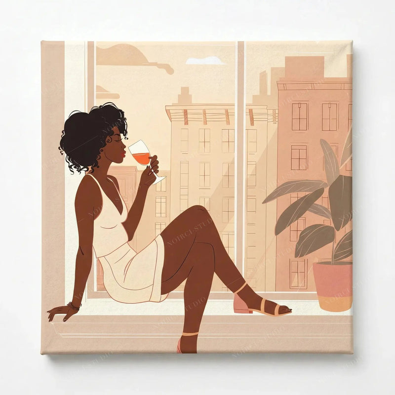 Stretched canvas of a Black woman sipping wine at a city window, gallery wrapped and ready to hang
