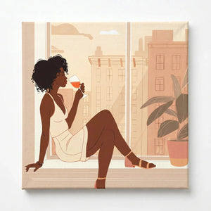Stretched canvas of a Black woman sipping wine at a city window, gallery wrapped and ready to hang