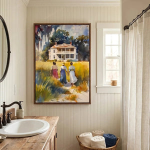 Lowcountry bathroom wall art, sweetgrass watercolor in a bronze frame above a farmhouse sink