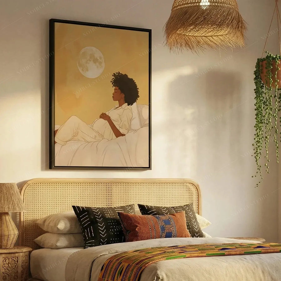Black girl magic bedroom decor, pregnant woman under the moon above a cane bed with a kente throw