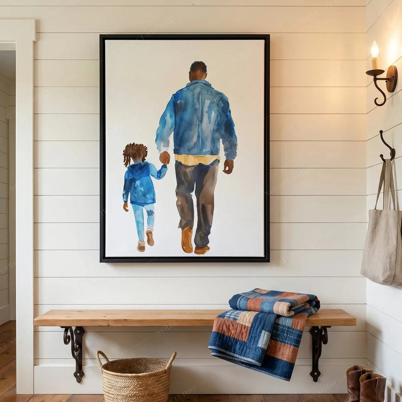 Black farmhouse wall decor, black framed watercolor above a shiplap mudroom bench with folded quilts and a basket