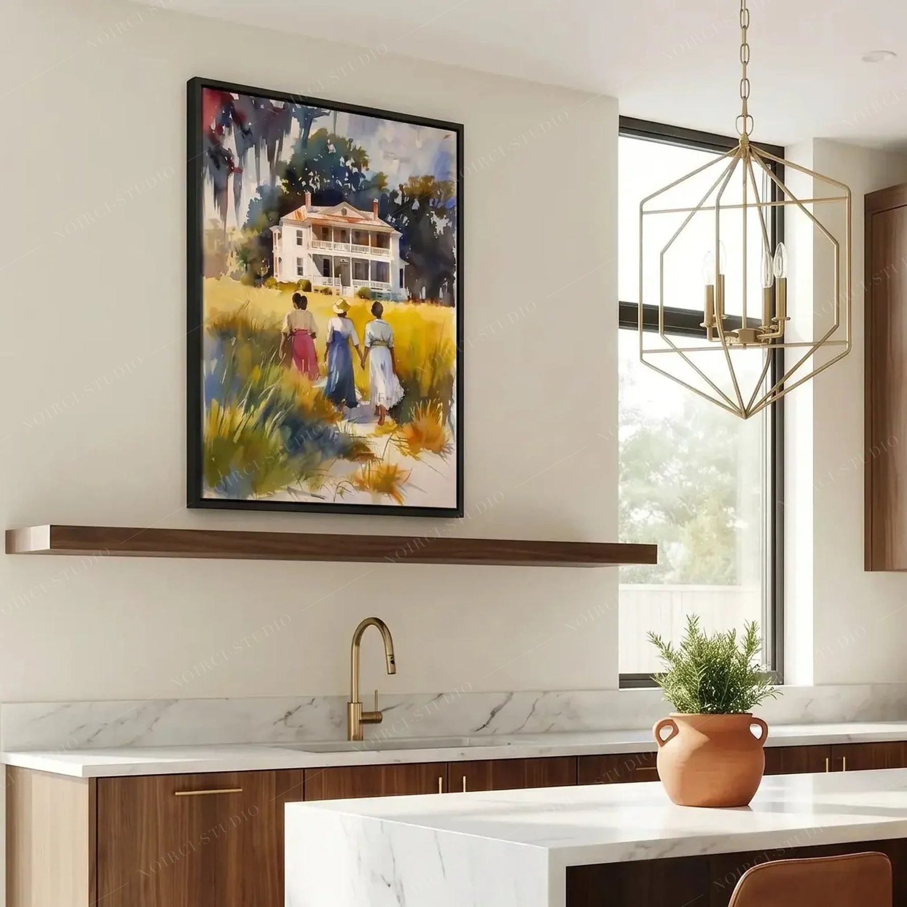 Gullah Geechee canvas in a modern marble kitchen, Lowcountry watercolor of women in a golden marsh