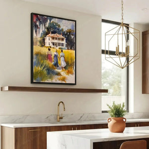 Gullah Geechee canvas in a modern marble kitchen, Lowcountry watercolor of women in a golden marsh
