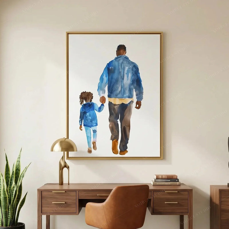 African American art for a home office, gold framed watercolor above a walnut desk with a leather chair