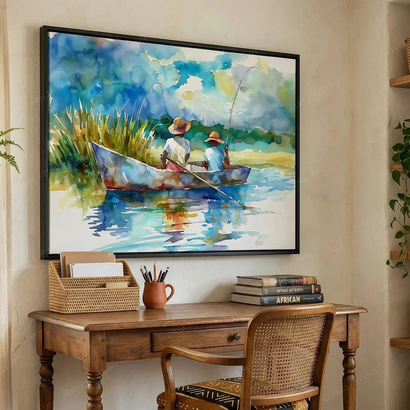 Lowcountry wall art in a farmhouse study, boys fishing watercolor above an antique desk and cane chair