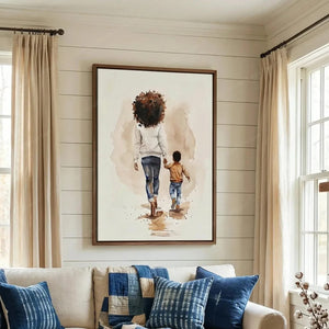 Black art for living room in a farmhouse space with shiplap and indigo pillows, mother and son walking watercolor