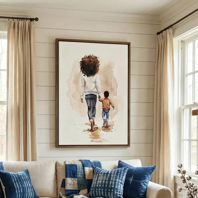 Black art for living room in a farmhouse space with shiplap and indigo pillows, mother and son walking watercolor