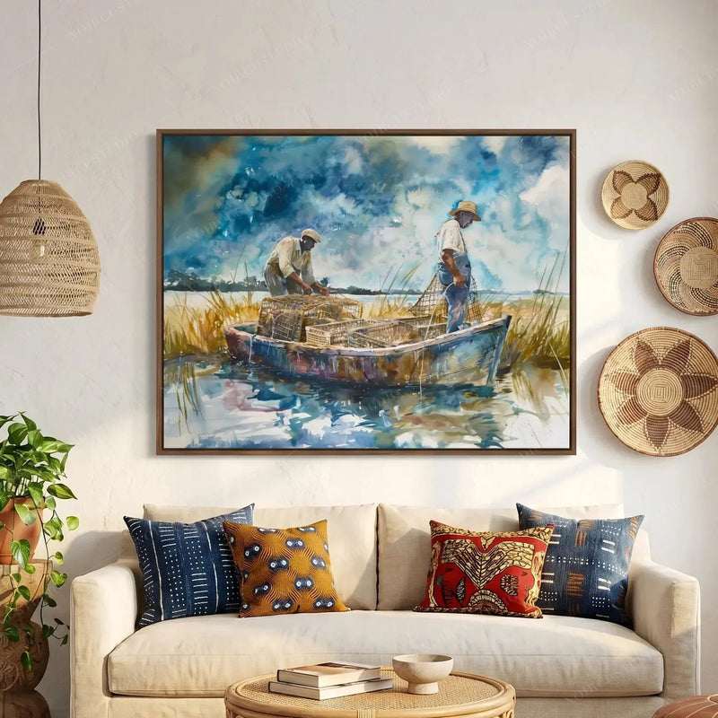Afrohemian decor, Gullah boat watercolor above a boho sofa with mudcloth pillows and woven wall baskets