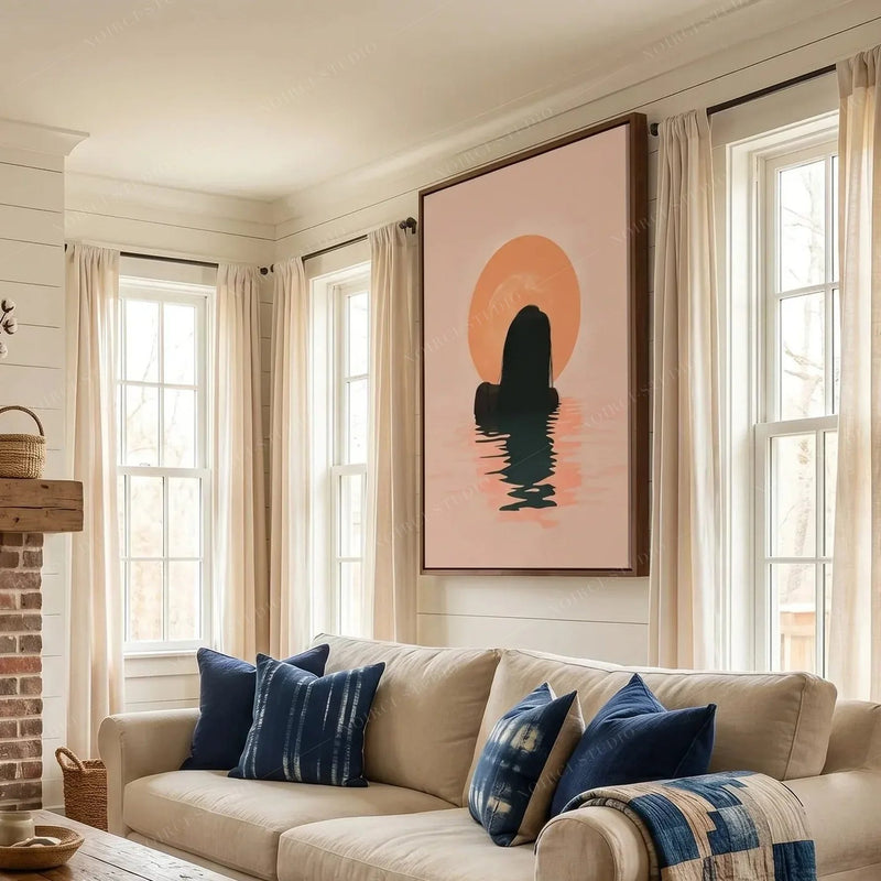 Black art for living room in a farmhouse den with shiplap walls and indigo pillows, sunrise swimmer canvas