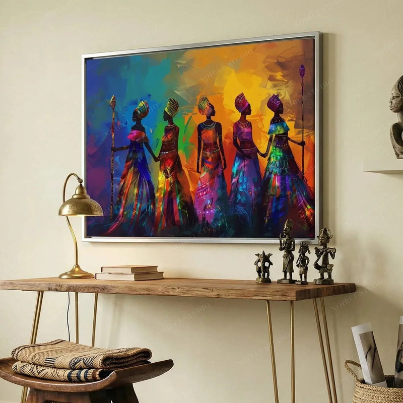 Modern Black art for apartment, silver framed tribal women above a walnut hairpin console with brass lamp