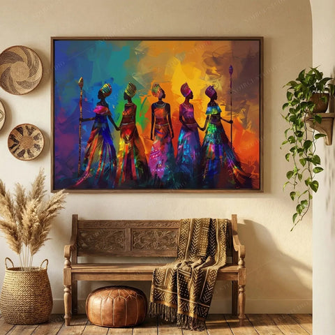 African tribal art of five women in bright dresses with staffs, walnut framed above a carved bench with mudcloth throw