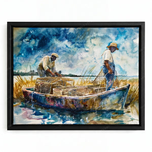 Lowcountry crabbing art in a black floating frame, two Black men lifting wire traps from a wooden boat