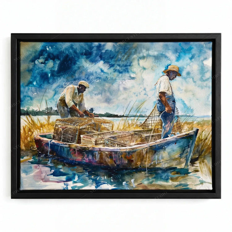 Lowcountry crabbing art in a black floating frame, two Black men lifting wire traps from a wooden boat