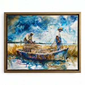 Black art print in a gold floating frame, two men in a flat-bottom boat under a stormy blue watercolor sky