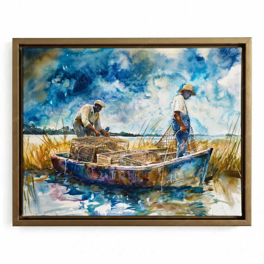 Black art print in a gold floating frame, two men in a flat-bottom boat under a stormy blue watercolor sky