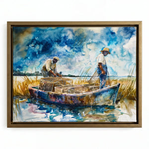 Black art print in a gold floating frame, two men in a flat-bottom boat under a stormy blue watercolor sky