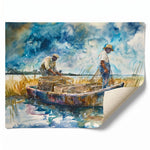 Rolled canvas print of Gullah crabbers in a wooden marsh skiff, ready for custom framing